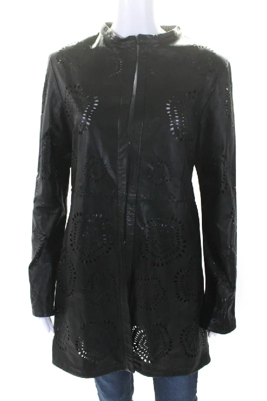 In Transit Womens Laser Cut Long Hook & Eye Leather Jacket Black