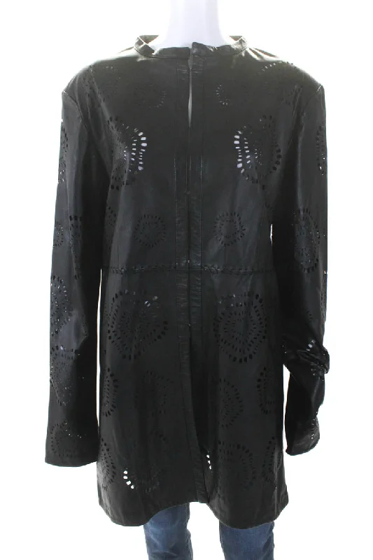 In Transit Womens Laser Cut Long Hook & Eye Leather Jacket Black