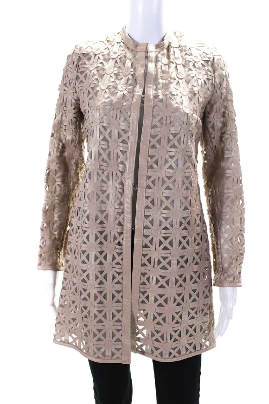 In Transit Womens Metallic Laser Cut Leather Mesh Hook & Eye Jacket Beige Small