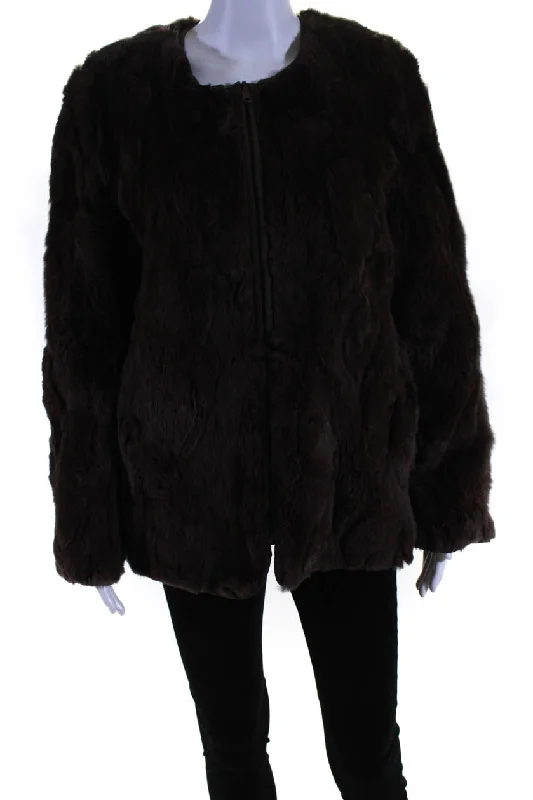 Parosh Womens Rabbit Fur Full Zipper Jacket Brown