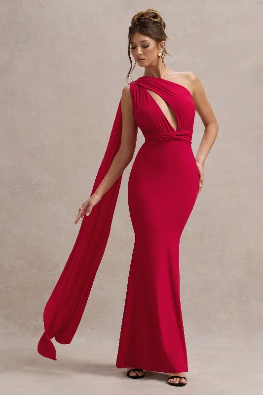 Elaina | Red Asymmetric Knot Maxi Dress With Sash