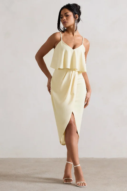 Faro | Lemon Strappy Draped-Neck Wrap Midi Dress