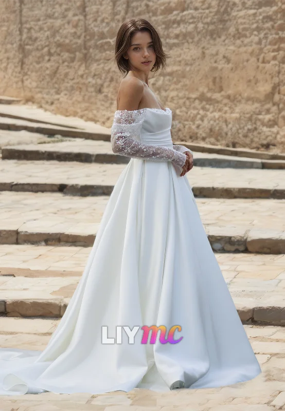 Strapless Long Sleeves Appliques Pleated Sleek Satin A-Line Wedding Dress