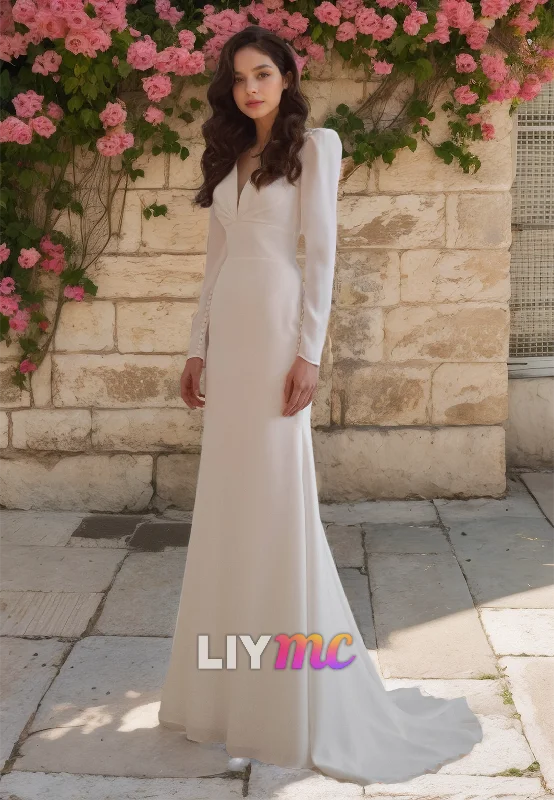 V-Neck Long Sleeves Sleek Sheath Wedding Dress