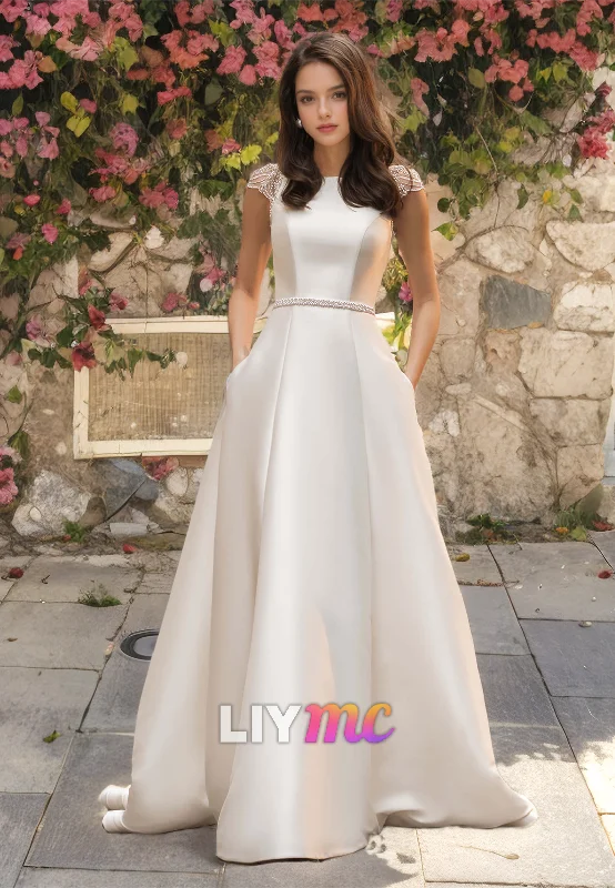 Bateau Sleeveless Backless Sleek Satin Pleated A-Line Wedding Dress