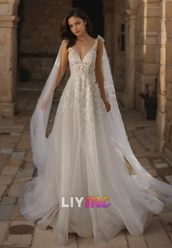 V-Neck Sleeveless Lace Appliques Tulle A-Line Wedding Dress